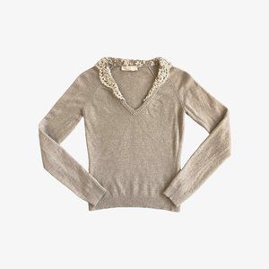 Vintage Beige Lace Trim V-Neck Wool Sweater by Valentino